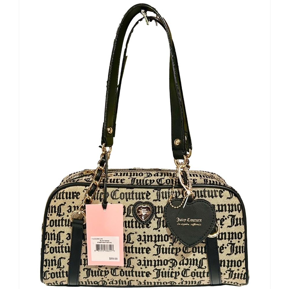 Juicy Couture Black Beige Signature Logo Starry Night Satchel - 12L x 5.5H x 4W